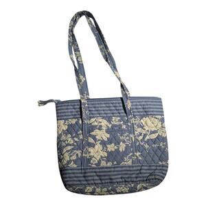 Vtg Y2K Pale Blue Ivory Floral Print Quilted 100% Cotton Top Zip Shoulder Bag